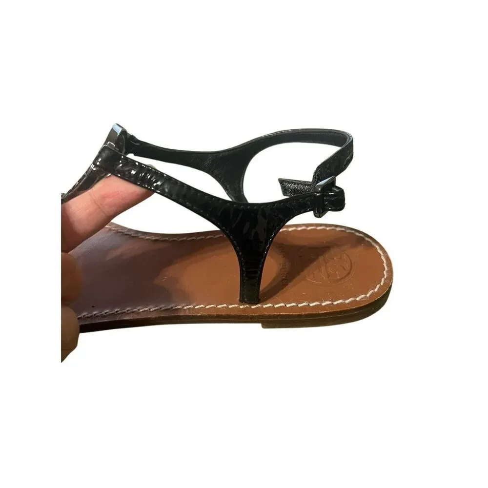 Tory Burch Violet Sandal Shoe sz 9.5 T-Strap Black Leather Rhinestone